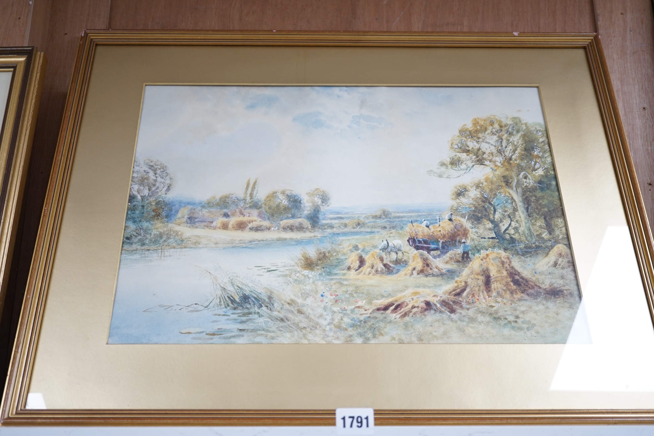 Henry John Kinnaird (fl.1880-1920), watercolour, Figures haymaking beside a river, signed, 35.5 x 50cm. Condition - fair, some discolouration and foxing